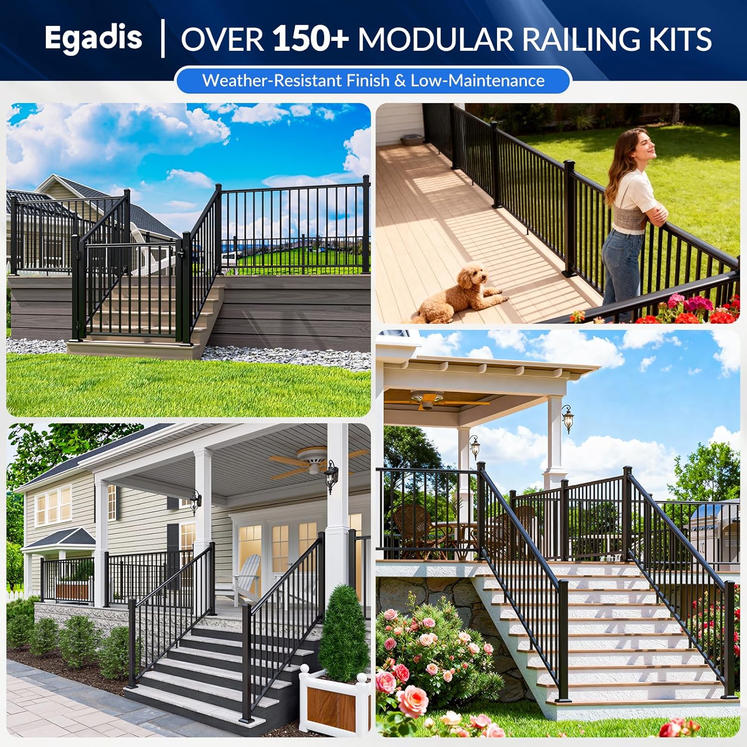 Egadis 36 in. H x 6 ft. W Porch and Deck Railing Kit, Aluminum Railing Kit, Black Textured AAMA 2604 Powder-Coat Finish Railing System for Outdoor Decks, Porches & Balconies