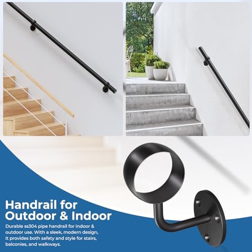 2 Pack 304 Stainless Steel Stair Railing Bracket, Black Round Base Handrail Brackets, Stair Brackets for 2" Round Stair Handrail