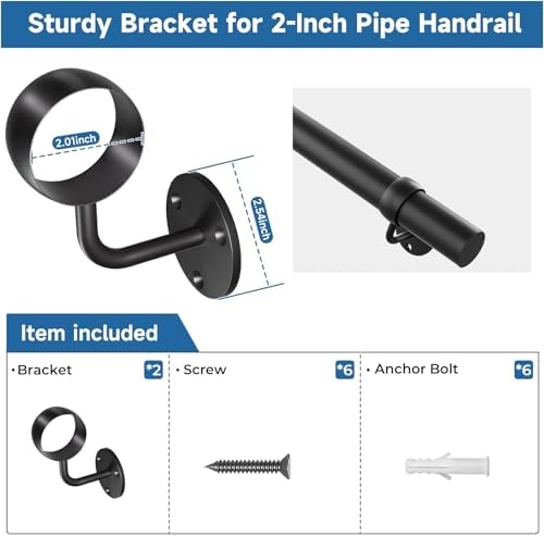 2 Pack 304 Stainless Steel Stair Railing Bracket, Black Round Base Handrail Brackets, Stair Brackets for 2" Round Stair Handrail