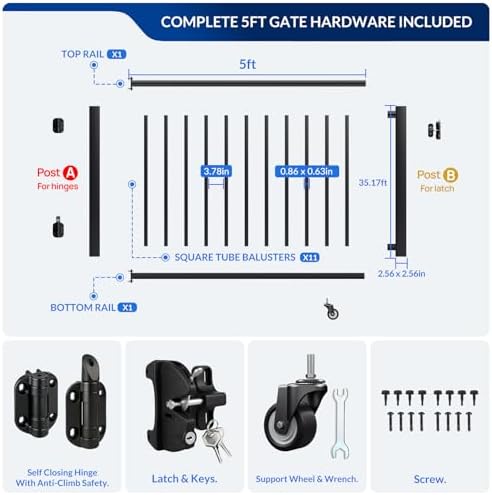 Egadis 35in. H x 5ft. W Aluminum Deck Gate Kit with Caster, Hinges &amp; Lock — Cuttable AAMA2604 Black Textured Powder-Coated Outdoor Fence Gate for Decks, Patios, Backyards, Porches