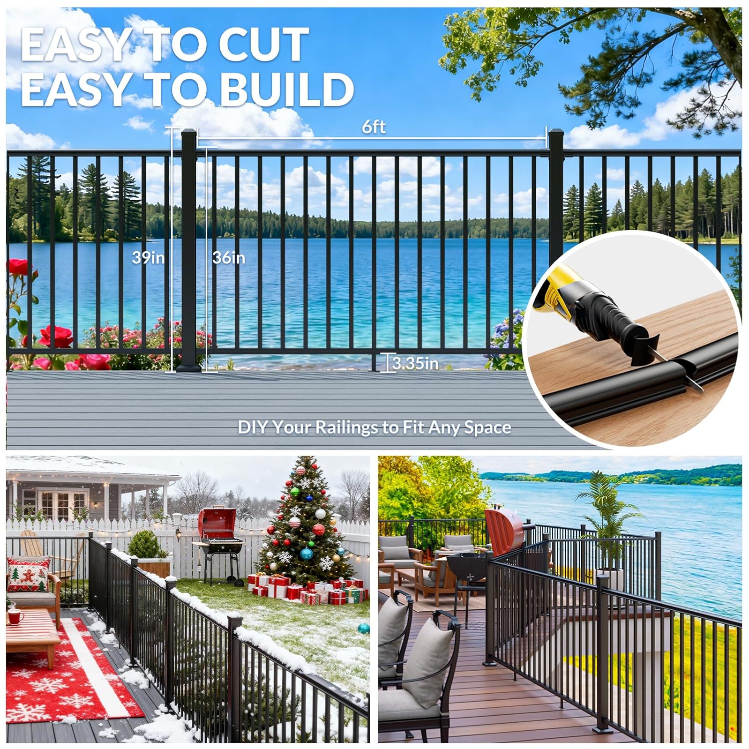 Egadis 36 in. H x 6 ft. W Porch and Deck Railing Kit, Aluminum Railing Kit, Black Textured AAMA 2604 Powder-Coat Finish Railing System for Outdoor Decks, Porches & Balconies
