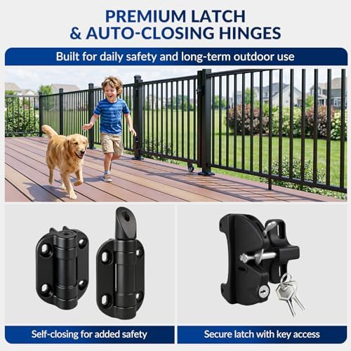 Egadis 35in. H x 5ft. W Aluminum Deck Gate Kit with Caster, Hinges &amp; Lock — Cuttable AAMA2604 Black Textured Powder-Coated Outdoor Fence Gate for Decks, Patios, Backyards, Porches