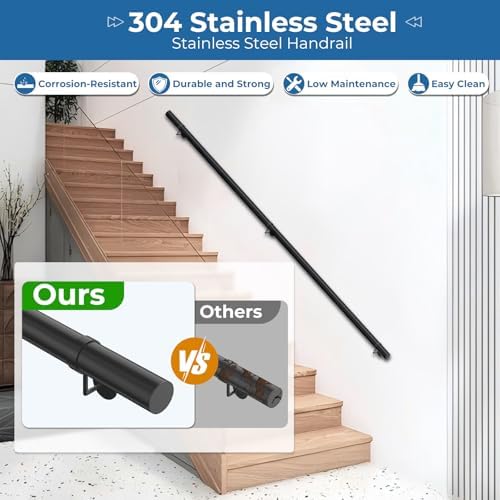 2 Pack 304 Stainless Steel Stair Railing Bracket, Black Round Base Handrail Brackets, Stair Brackets for 2" Round Stair Handrail