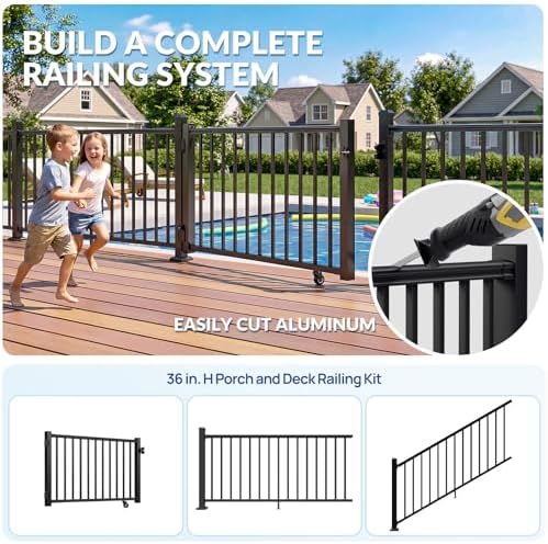 Egadis 35in. H x 5ft. W Aluminum Deck Gate Kit with Caster, Hinges &amp; Lock — Cuttable AAMA2604 Black Textured Powder-Coated Outdoor Fence Gate for Decks, Patios, Backyards, Porches