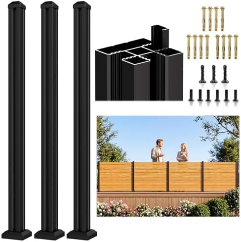 3 Pack 6FT 3-Way Aluminum Fence Post, 1.8mm Thick Walls &amp; 10mm Base, Matte Black Wood Fence Post, Rustproof &amp; Weather-Resistant for Outdoor Privacy Panels