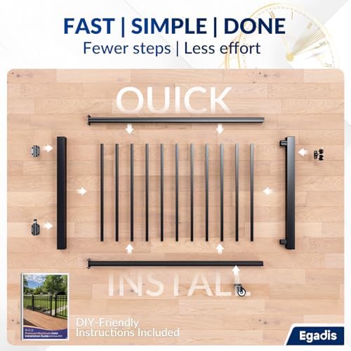 Egadis 35in. H x 5ft. W Aluminum Deck Gate Kit with Caster, Hinges &amp; Lock — Cuttable AAMA2604 Black Textured Powder-Coated Outdoor Fence Gate for Decks, Patios, Backyards, Porches