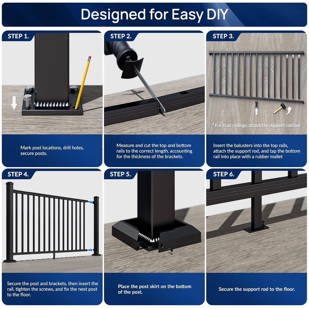 Egadis 36 in. H x 6 ft. W Porch and Deck Railing Kit, Aluminum Railing Kit, Black Textured AAMA 2604 Powder-Coat Finish Railing System for Outdoor Decks, Porches & Balconies