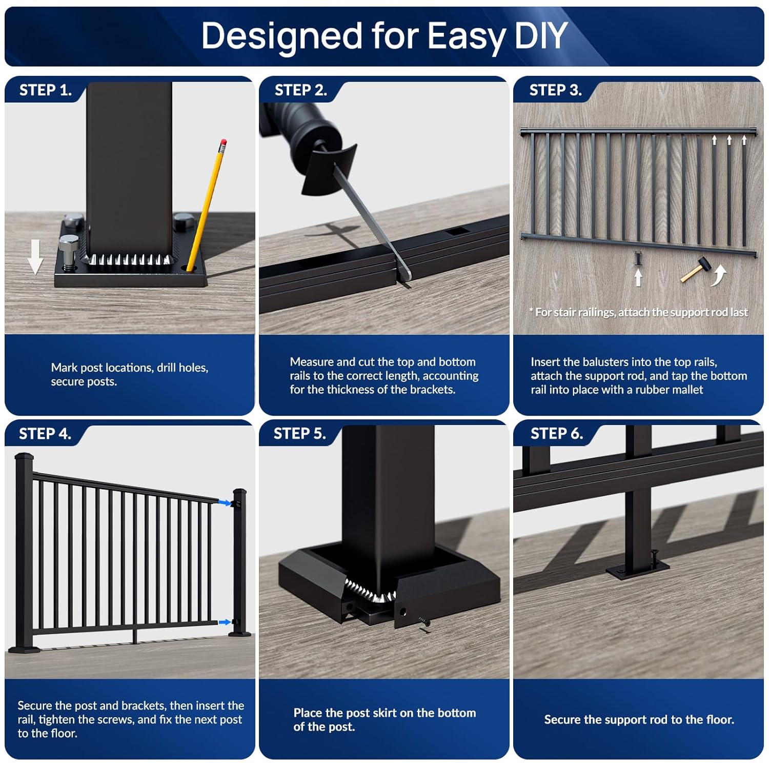 Egadis 36 in. H x 6 ft. W Porch and Deck Railing Kit, Aluminum Railing Kit, Black Textured AAMA 2604 Powder-Coat Finish Railing System for Outdoor Decks, Porches & Balconies