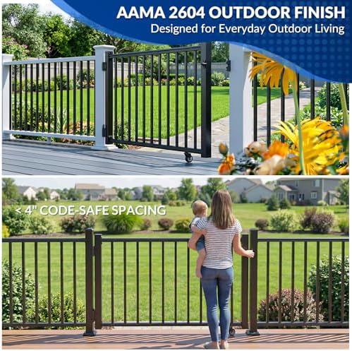 Egadis 35in. H x 5ft. W Aluminum Deck Gate Kit with Caster, Hinges &amp; Lock — Cuttable AAMA2604 Black Textured Powder-Coated Outdoor Fence Gate for Decks, Patios, Backyards, Porches