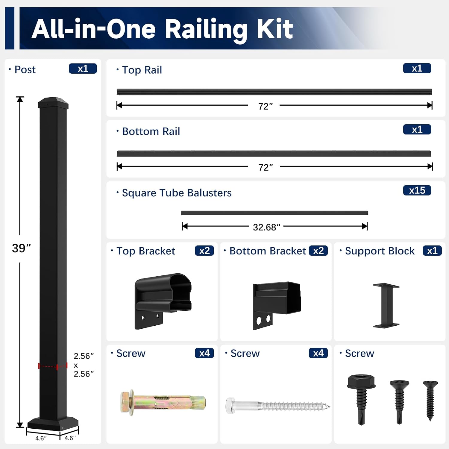 Egadis 36 in. H x 6 ft. W Porch and Deck Railing Kit, Aluminum Railing Kit, Black Textured AAMA 2604 Powder-Coat Finish Railing System for Outdoor Decks, Porches & Balconies