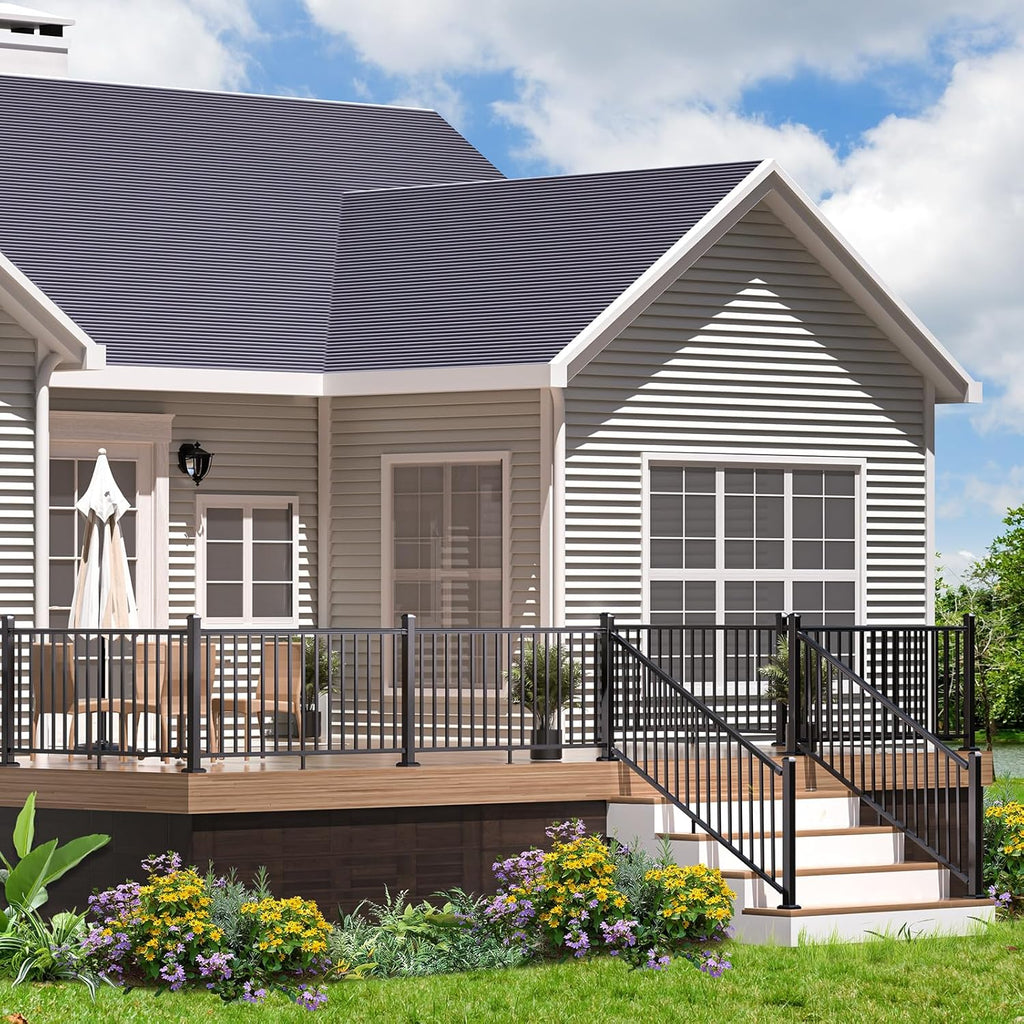 Egadis 36 in. H x 6 ft. W Porch and Deck Railing Kit, Aluminum Railing Kit, Black Textured AAMA 2604 Powder-Coat Finish Railing System for Outdoor Decks, Porches & Balconies