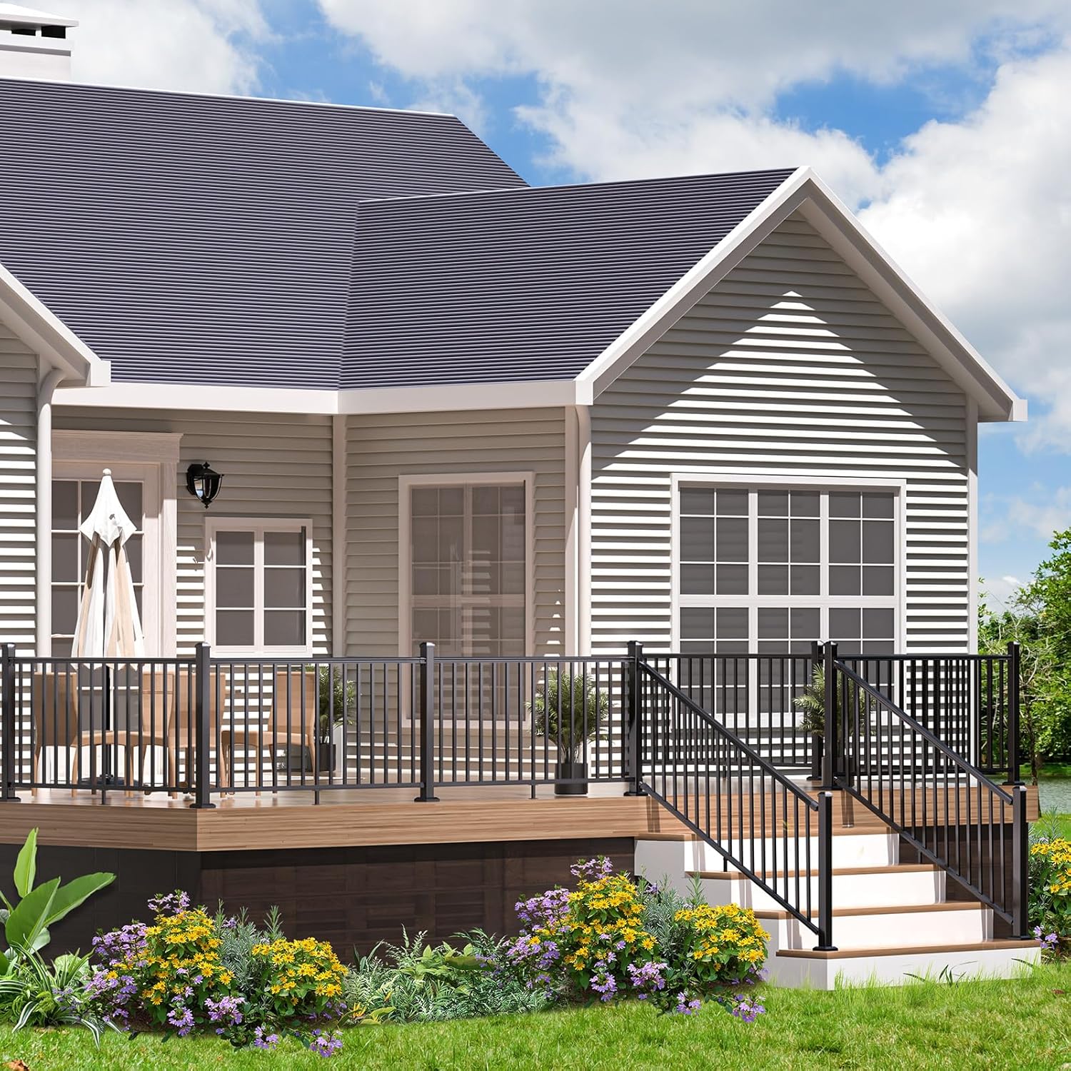 Egadis 36 in. H x 6 ft. W Porch and Deck Railing Kit, Aluminum Railing Kit, Black Textured AAMA 2604 Powder-Coat Finish Railing System for Outdoor Decks, Porches & Balconies