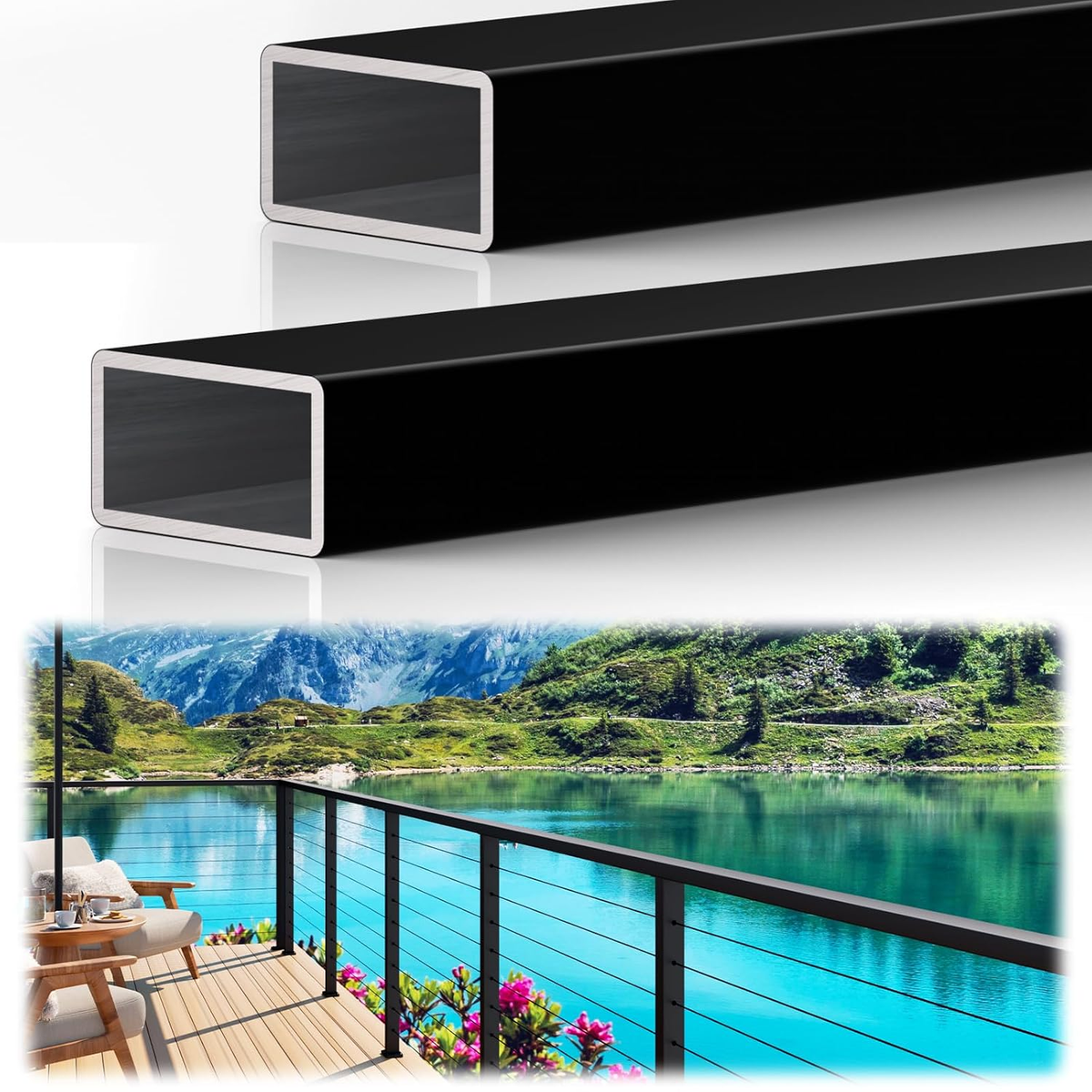12FTx 2-3/8" x1-3/16 Black Aluminum Handrail for Cable, Deck & Stair Railing — 2 Pack