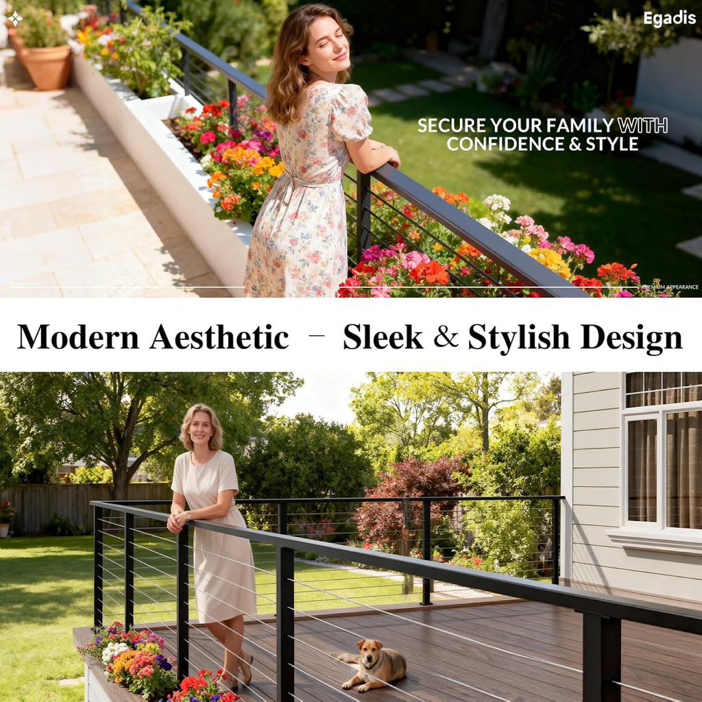 12FTx 2-3/8" x1-3/16 Black Aluminum Handrail for Cable, Deck & Stair Railing — 2 Pack