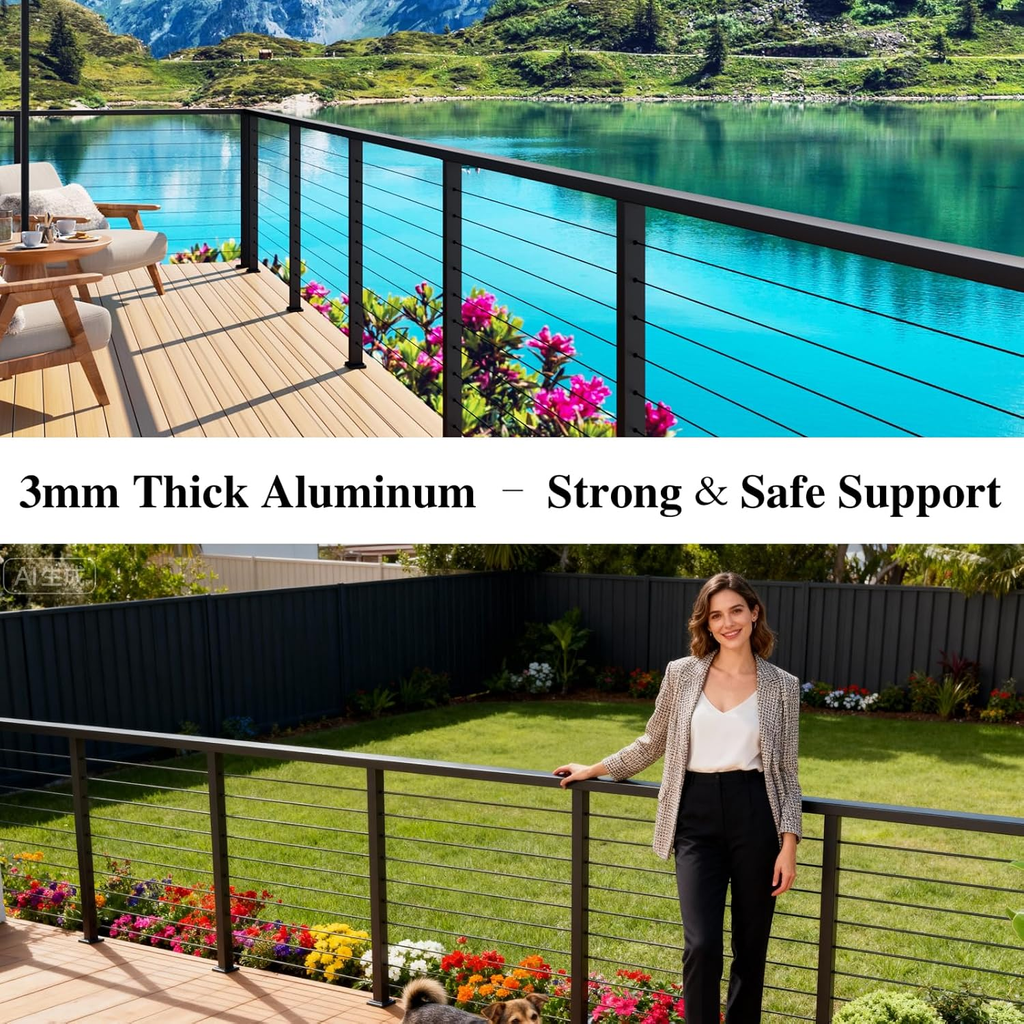 12FTx 2-3/8" x1-3/16 Black Aluminum Handrail for Cable, Deck & Stair Railing — 2 Pack