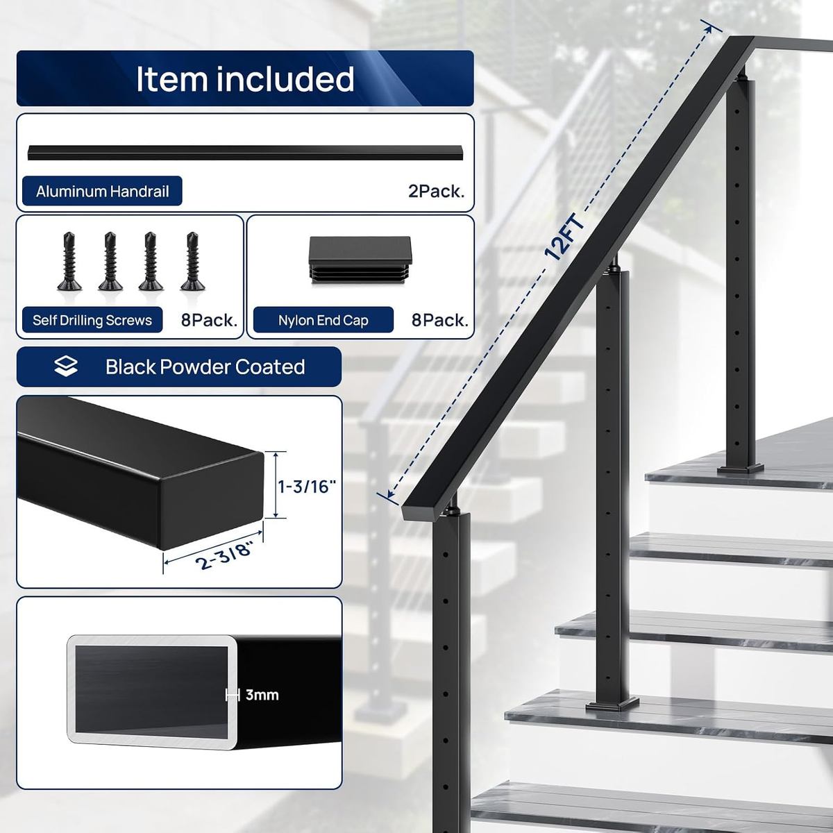 12FTx 2-3/8" x1-3/16 Black Aluminum Handrail for Cable, Deck & Stair Railing — 2 Pack