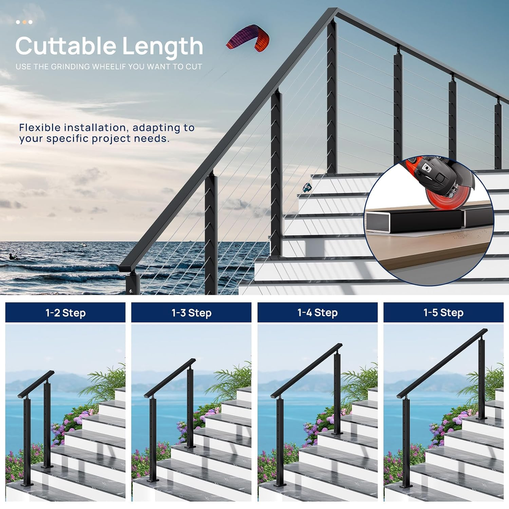 12FTx 2-3/8" x1-3/16 Black Aluminum Handrail for Cable, Deck & Stair Railing — 2 Pack