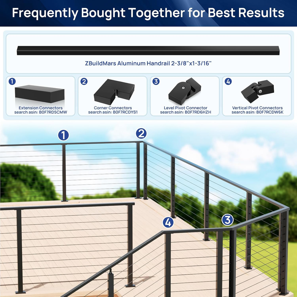 12FTx 2-3/8" x1-3/16 Black Aluminum Handrail for Cable, Deck & Stair Railing — 2 Pack